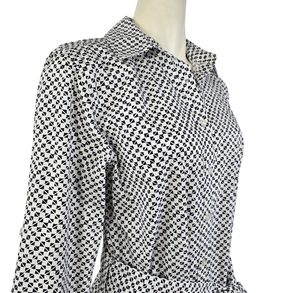 CHAPS Women's Geometric Shirt Dress Tie Waist Ruffle Hem Cotton Black White M - Picture 5 of 16
